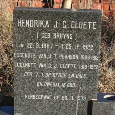 CLOETE Hendrika J.G. previously PEARSON  nee BRUYNS 1887-1922