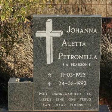 WYK Johanna Aletta Petronella, van nee PEARSON 1925-1992