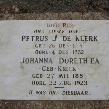 KLERK Petrus J, de 1851-1932 &amp; Johanna Dorethiea KRIEK 1855-1923