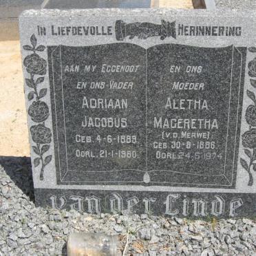 LINDE Adriaan Jacobus, van der 1889-1960 &amp; Aletha Mageretha V.D. MERWE 1886-1974
