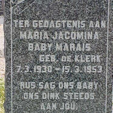 MARAIS Maria Jacomina Baby nee DE KLERK 1930-1953