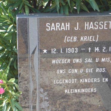 HASSETT Sarah J. nee KRIEL 1903-1979