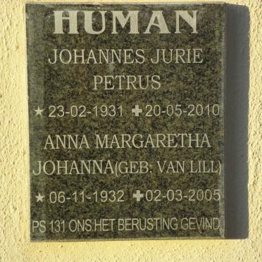 HUMAN Johannes Jurie Petrus 1931-2010 &amp; Anna Margaretha Johanna VAN LILL 1932-2005