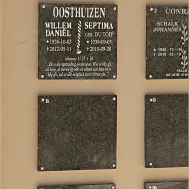 OOSTHUIZEN Willem Daniël 1936-2012 &amp; Septima DU TOIT 1936-2010