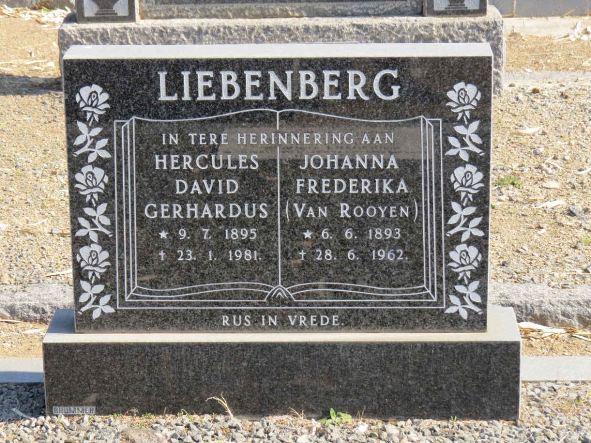 LIEBENBERG Hercules David Gerhardus 1895-1981 &amp; Johanna Frederika VAN ROOYEN 1893-1962