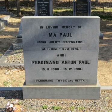 PAUL Ferdinand Anton 1906-1981 &amp; Juliet STEENKAMP 1912-1975