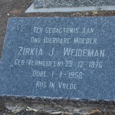 WEIDEMAN Zirkia J. nee VERMEULEN 1876-1958