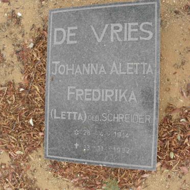 VRIES Johanna Aletta Fredirika, de nee SCHREIDER 1914-1982