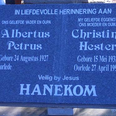 HANEKOM Albertus Petrus 1927- &amp; Christina Hester 1931-1999