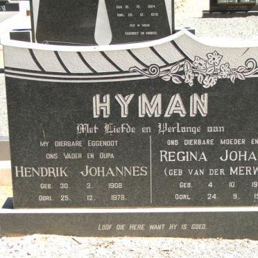 HYMAN Hendrik Johannes 1908-1978 &amp; Regina Johanna VAN DER MERWE 1908-1991