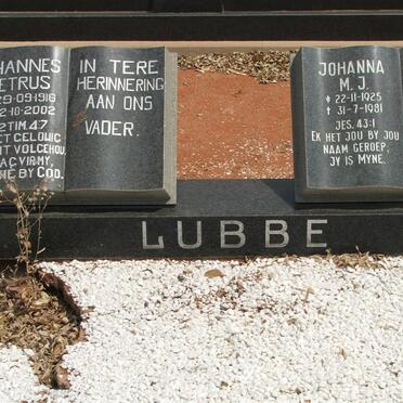 LUBBE Johannes Petrus 1916-2002 &amp; Johanna M.J. 1925-1981