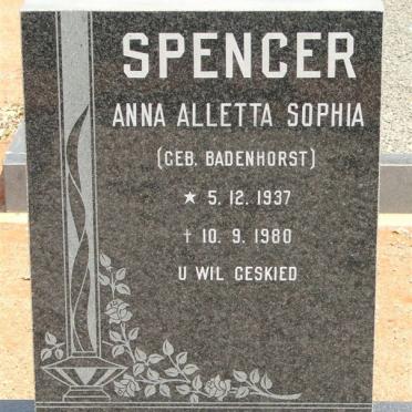 SPENCER Anna Alletta Sophia nee BADENHORST 1937-1980