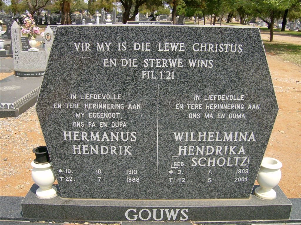 GOUWS Hermanus Hendrik 1913-1988 &amp; Wilhelmina Hendrika SCHOLTZ 1909-2001