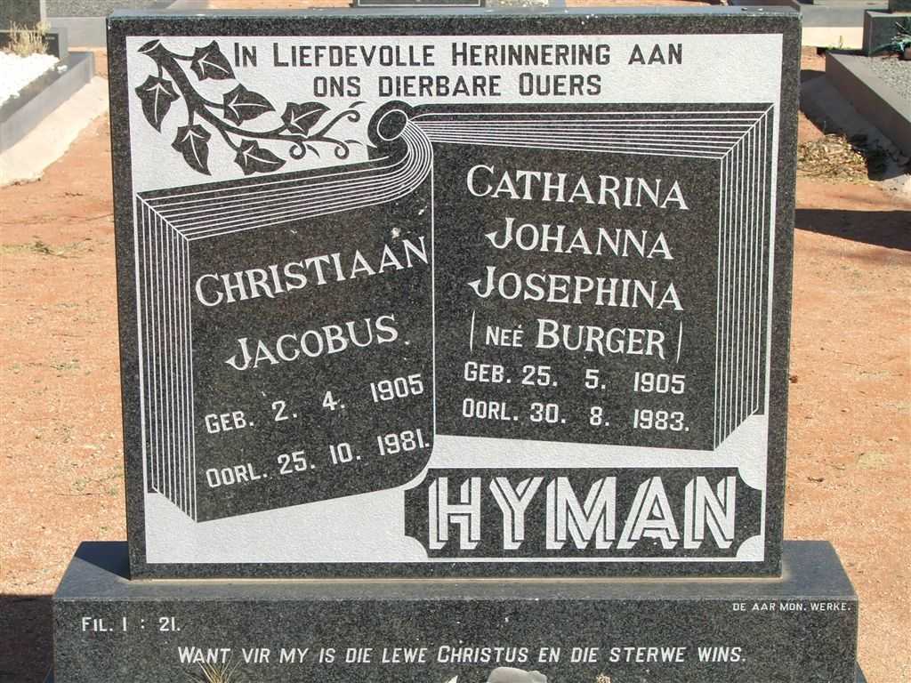 HYMAN Christiaan Jacobus 1905-1981 &amp; Catharina Johanna Josephina BURGER 1905-1983