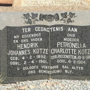 KOTZÉ Hendrik Johannes 1892-1961 &amp; Petronella Charlotte REGENSTEIN 1913-1964