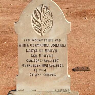BRUYN Anna Gertruida Johanna Lazya, de nee BRUYNS 1897-1931
