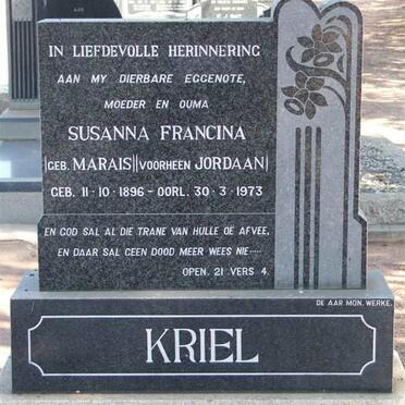 KRIEL Susanna Francina formerly JORDAAN nee MARAIS 1896-1973