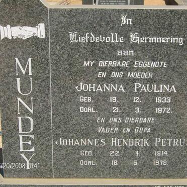 MUNDEY Johannes Hendrik Petrus 1914-1978 &amp; Johanna Paulina 1933-1972