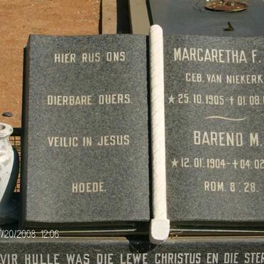 SWARTZ Barend M. 1904-1978 &amp; Margaretha F.H. VAN NIEKERK 1905-1973