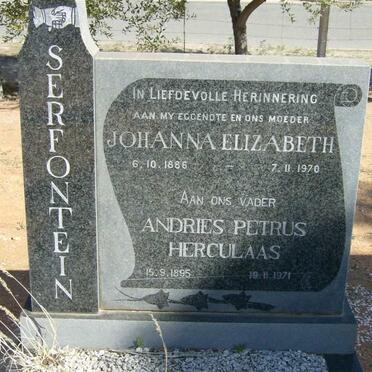 SERFONTEIN Andries Petrus Herculaas 1895-1971 &amp; Johanna Elizabeth 1886-1970