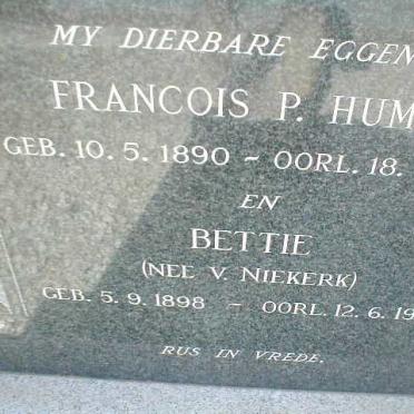 HUMAN Francois P. 1890-1964 &amp; Bettie VAN NIEKERK 1898-1970