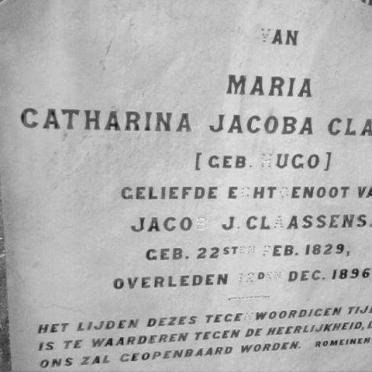 CLAASSENS Maria Catharina Jacoba nee HUGO 1829-1896