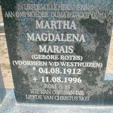 MARAIS Martha Magdalena, formerly v.d. WESTHUIZEN  nee BOTES 1912-1996