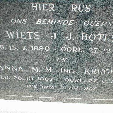 BOTES Wiets J.J. 1880-1955 &amp; Anna M.M. KRUGER 1867-1956