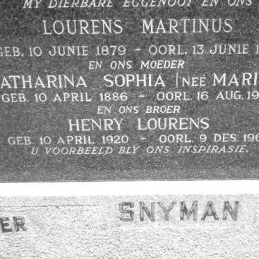 SNYMAN Lourens Martinus 1879-1961 &amp; Catharina Sophia MARITZ 1886-1970, SNYMAN Henry Lourens 1920-1968