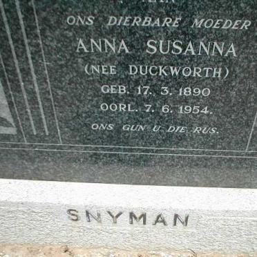 SNYMAN Anna Susanna nee DUCKWORTH 1890-1954