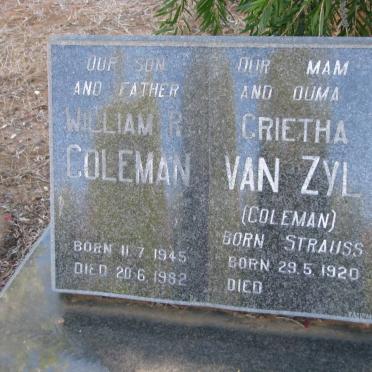 COLEMAN Wiliam R. 1945-1982 &amp; Grietha VAN ZYL nee STRAUSS 1920-