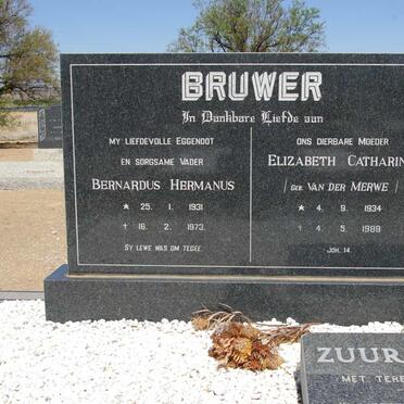 BRUWER Bernardus Hermanus 1931-1973 &amp; Elizabeth Catharina VAN DER MERWE 1934-1988 :: ZUURMOND ? 1975-1988