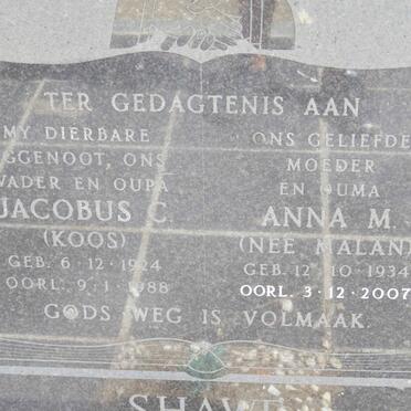 SHAWE Jacobus C. 1924-1988 &amp; Anna M. MALAN 1934-2007