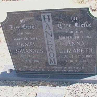 HANEKOM Daniel Johannes 1913-1983 &amp; Anna Elizabeth ROUX 1915-198?
