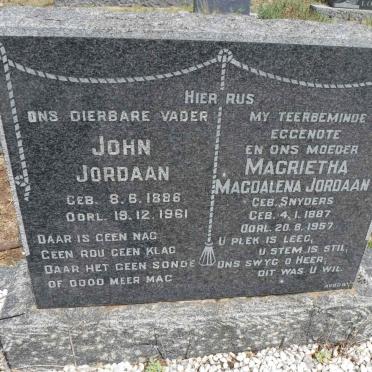 JORDAAN John 1886-1961 &amp; Magrietha Magdalena SNYDERS 1887-1957