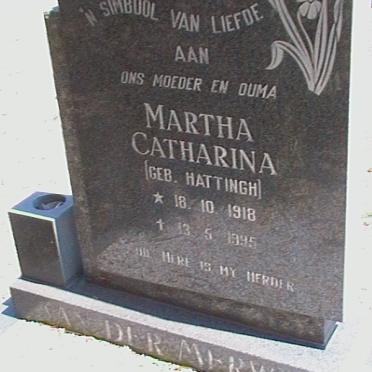 MERWE Martha Catharina, van der nee HATTINGH 1918-1995