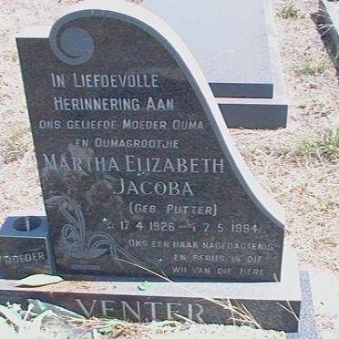 VENTER Martha Elizabeth Jacoba nee PUTTER 1926-1994