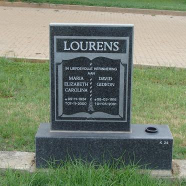 LOURENS David Gideon 1916-2001 &amp; Maria Elizabeth Carolina 1924-2000