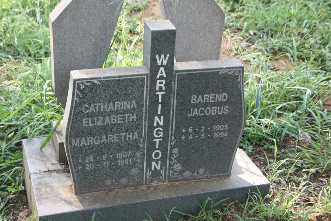 WARTINGTON Barend Jacobus 1905-1994 & Catharina Elizabeth Margaretha 1907-1991