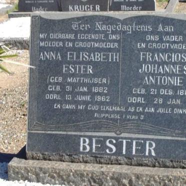 BESTER Francois Johanens Antonie 1880-1971 &amp; Anna Elisabeth Ester MATTHIJSER 1882-1962