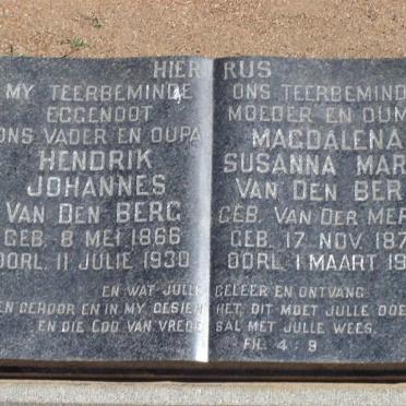 BERG Hendrik Johannes, van den 1866-1930 &amp; Magdalena Susanna Maria nee VAN DER MERWE 1870-1967