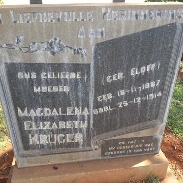 KRUGER Magdalena Elizabeth nee ELOFF 1887-1914