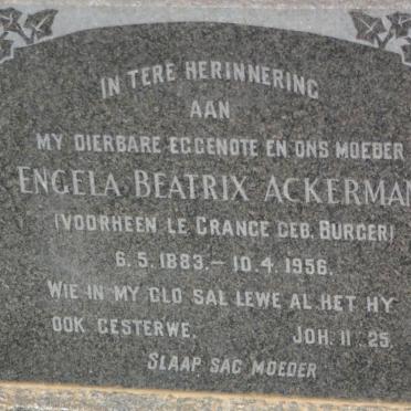 ACKERMAN Engela Beatrix voorheen le GRANGE nee BURGER 1883-1956