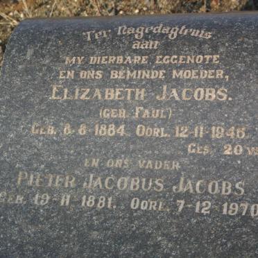 JACOBS Pieter Jacobus 1881-1970 &amp; Elizabeth nee FAUL 1884-1946