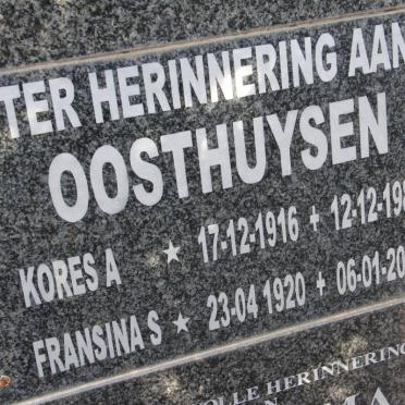 OOSTHUYSEN Kores A, 1916-1989 &amp; Fransina S. 1920-2005