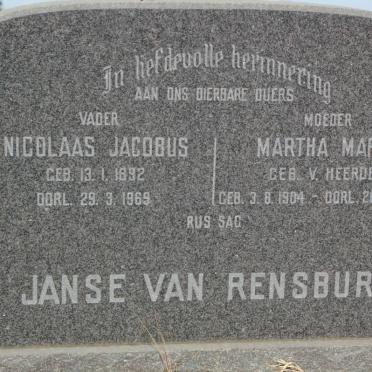 RENSBURG Nicolaas Jacobus, Janse van 1892-1969 &amp; Martha Maria V. HEERDEN 1904-1976