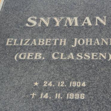 SNYMAN Elizabeth Johanna nee CLASSEN 1904-1996