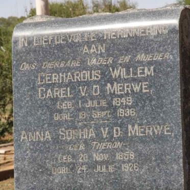 MERWE Gerhardus Willem Carel, v.d. 1849-1936 &amp; Anna Sophia THERON 1858-1926