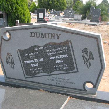 DUMINY Benjamin Matthys Beukes 1922-2001 &amp; Anna Catharina Maria 1921-1999