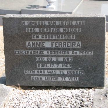 FERREIRA Annie formerly DU PREEZ nee ERASMUS 1883-1963